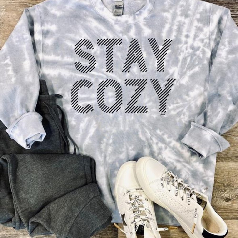 Grey Tie Dye Stay Cozy Fleece Grahpic Sweatshirt - Small